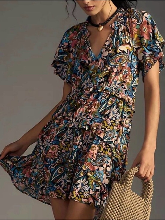 Anthropologie Dresses & Skirts - Anthropologie Robin Tiered Floral Paisley Mini Dress M Boho Flutter Sleeve